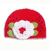 Bright red baby cap with white flower for baby girl, stylish knitted winter wear