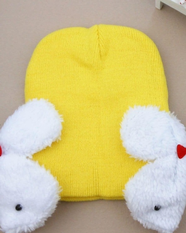 Yellow baby cap with bunny design cute newborn gift