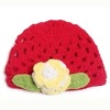 Red knitted baby cap with yellow flower for baby girl, stylish and warm for winter outings