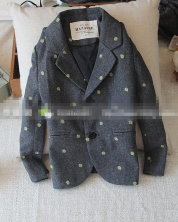 Warm winter grey coat for boys with green polka dots, stylish and cozy for gifting or festivals