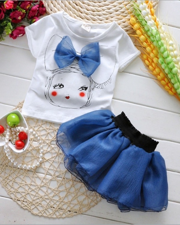 Off-white party top with navy blue skirt, baby girl, birthday or festive, cute