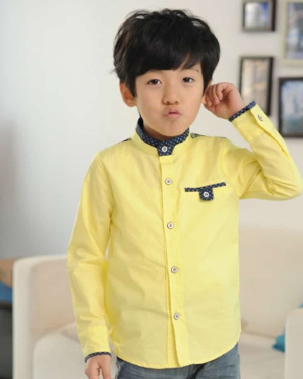 Yellow kids shirt with blue standing collars, cute and stylish for gifting or celebrations