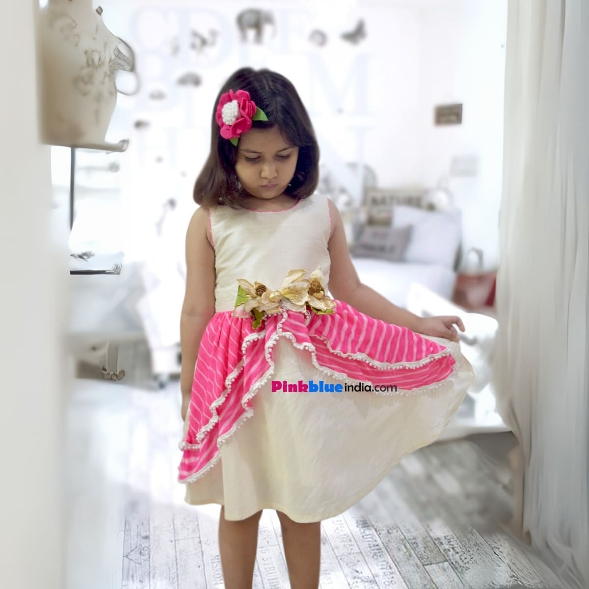 Ivory raw silk girls wedding dress with pink leheriya flare, elegant and stylish