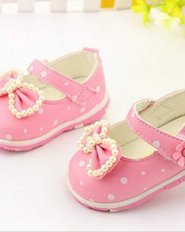 Baby pink shoes for girls with pearls, stylish and cute for weddings or gifting