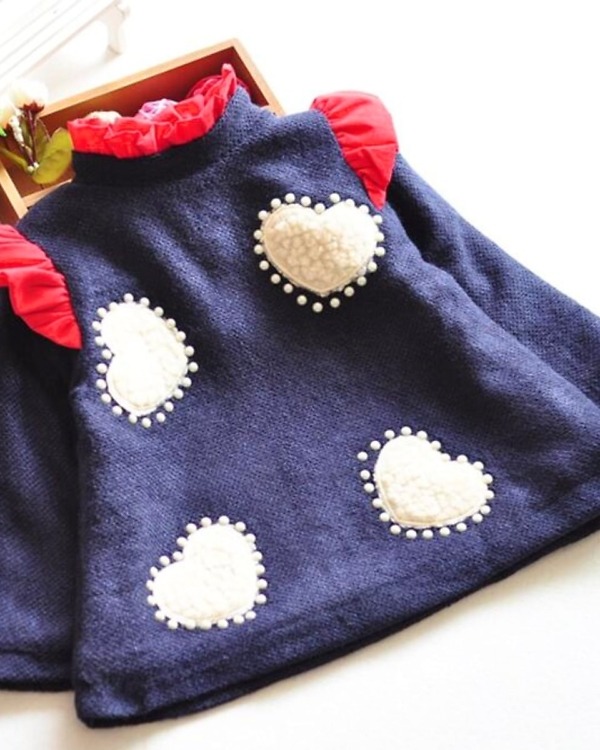 Dark blue woolen coat with white hearts for toddler girls, stylish winter wear