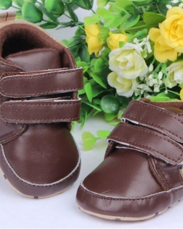 Dashing brown shoes for baby boys with checks, stylish for festive occasions