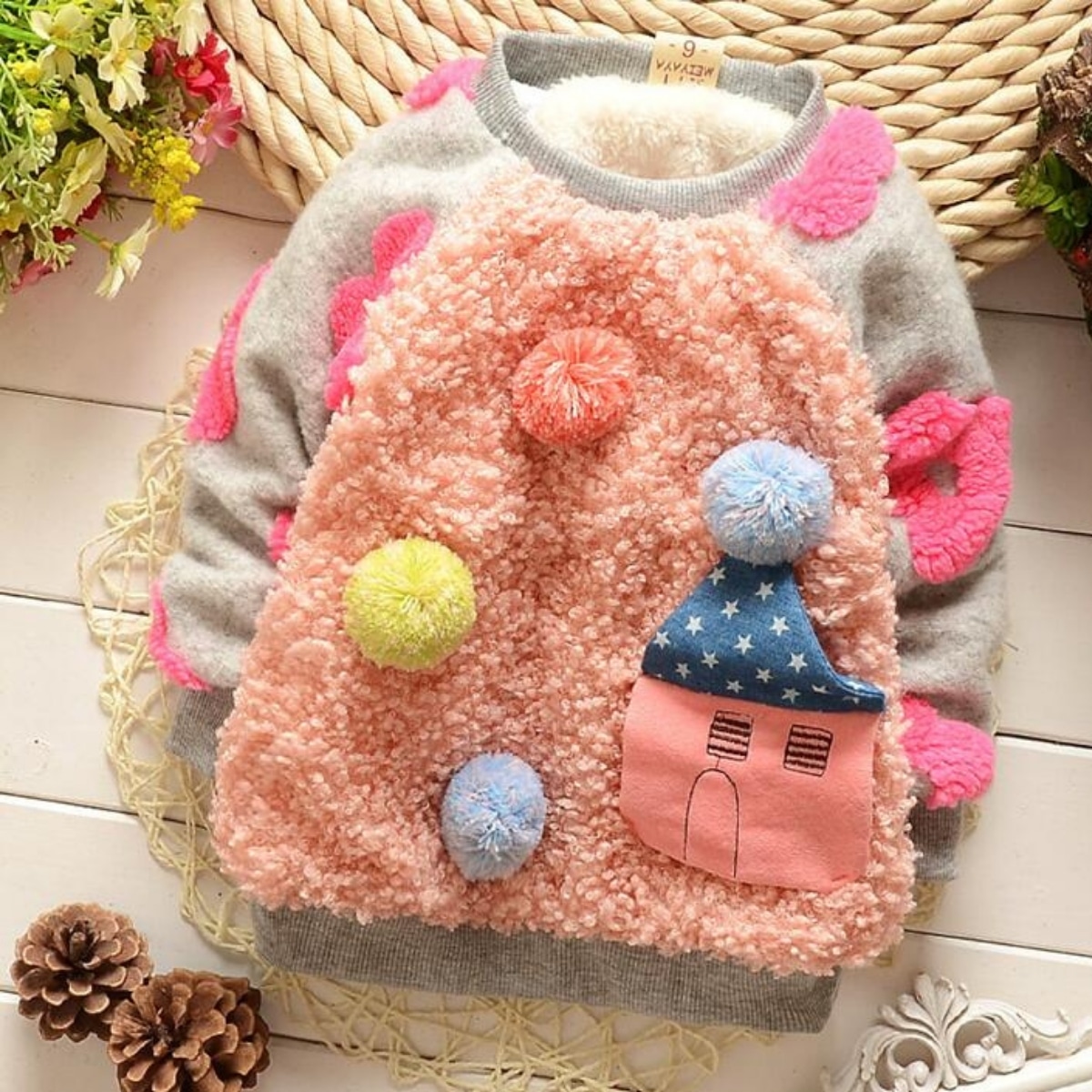 Grey peach girls furry coat, cozy party wear winter outfit