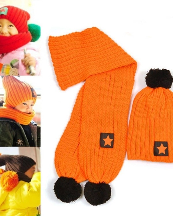 Orange woolen baby cap with muffler warm winter gift set