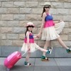 Tricolor mother-daughter matching outfits in pink and blue, stylish festive wear