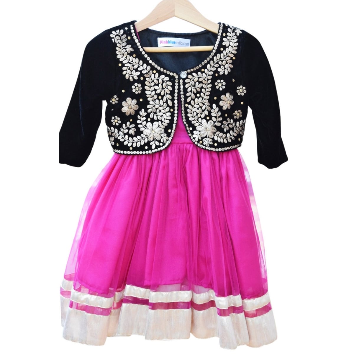Black velvet jacket with pink frock for baby girls, stylish wedding or party wear