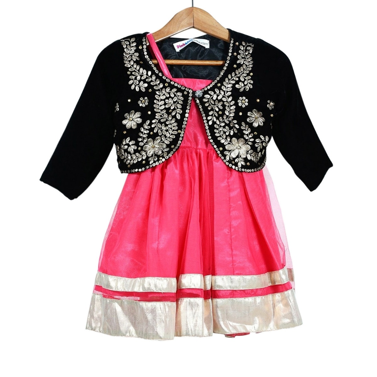 Pink frock with pitta work and black velvet jacket, stylish for parties