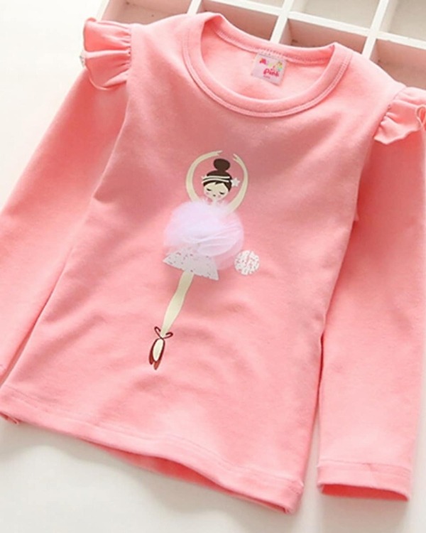 Cut salmon baby girl top with dancing lady, cute and stylish for gifting or festive occasions