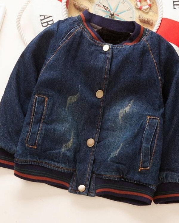 Cute kids thick velvet blue denim jacket, stylish and cozy for gifting or parties