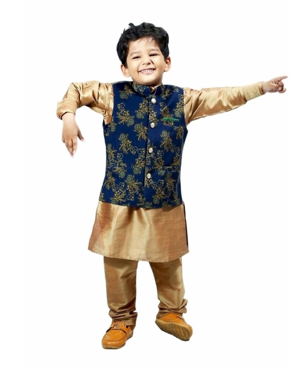 Boys velvet Nehru jacket with golden kurta pajama set, stylish and elegant