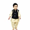 Kids designer linen kurta pajama set with black velvet jacket, stylish and festive