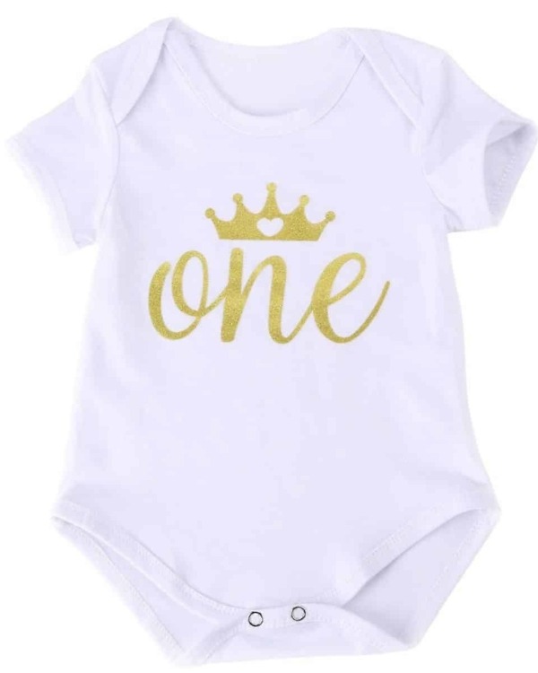Baby girl first birthday onesie gold glitter one outfit