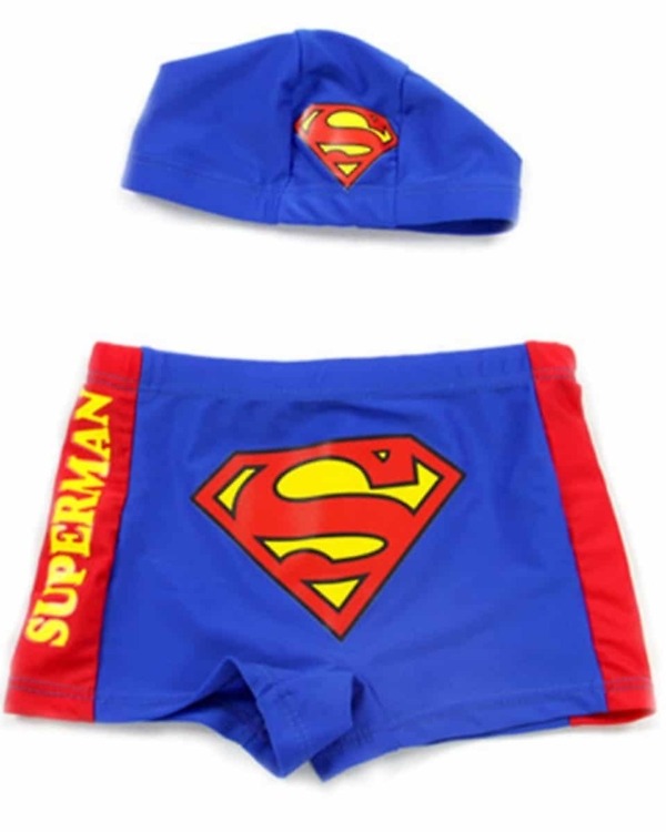 Superman print swim shorts with cap for kids, cute pool wear