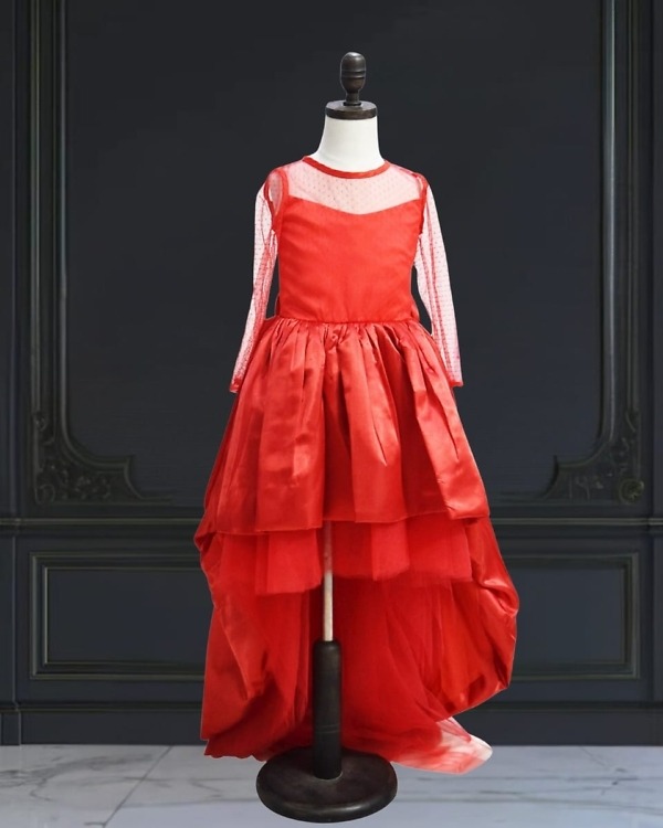 Red high-low princess birthday gown for kids, stylish and cute party dress