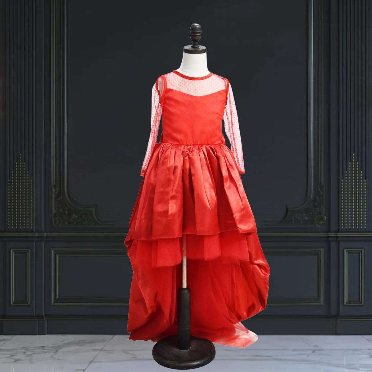 Red high-low princess birthday gown for kids, stylish and cute party dress