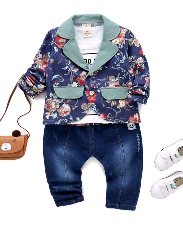 Blue floral party blazer with white t-shirt and jeans for little boys, stylish for birthdays or events