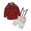 Little boy red checked shirt with bow tie and suspenders shorts outfit set, stylish and cute for parties