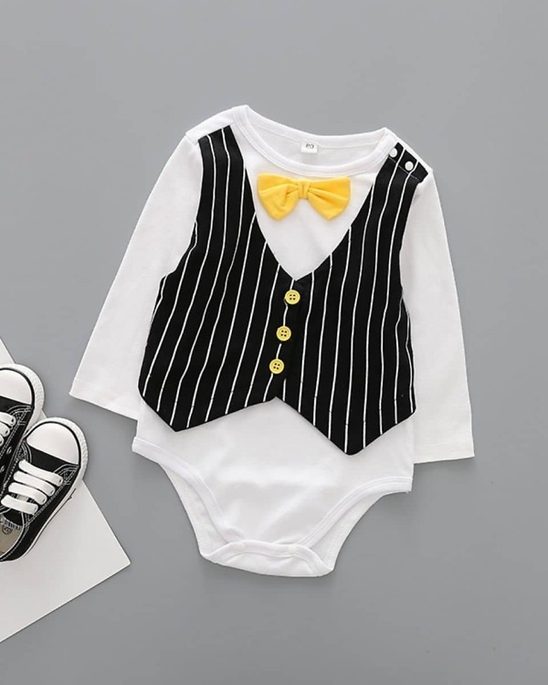 Baby boy birthday romper with black vest and yellow bow tie