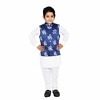 Baby boy white kurta pajama with stylish blue printed jacket, elegant for weddings