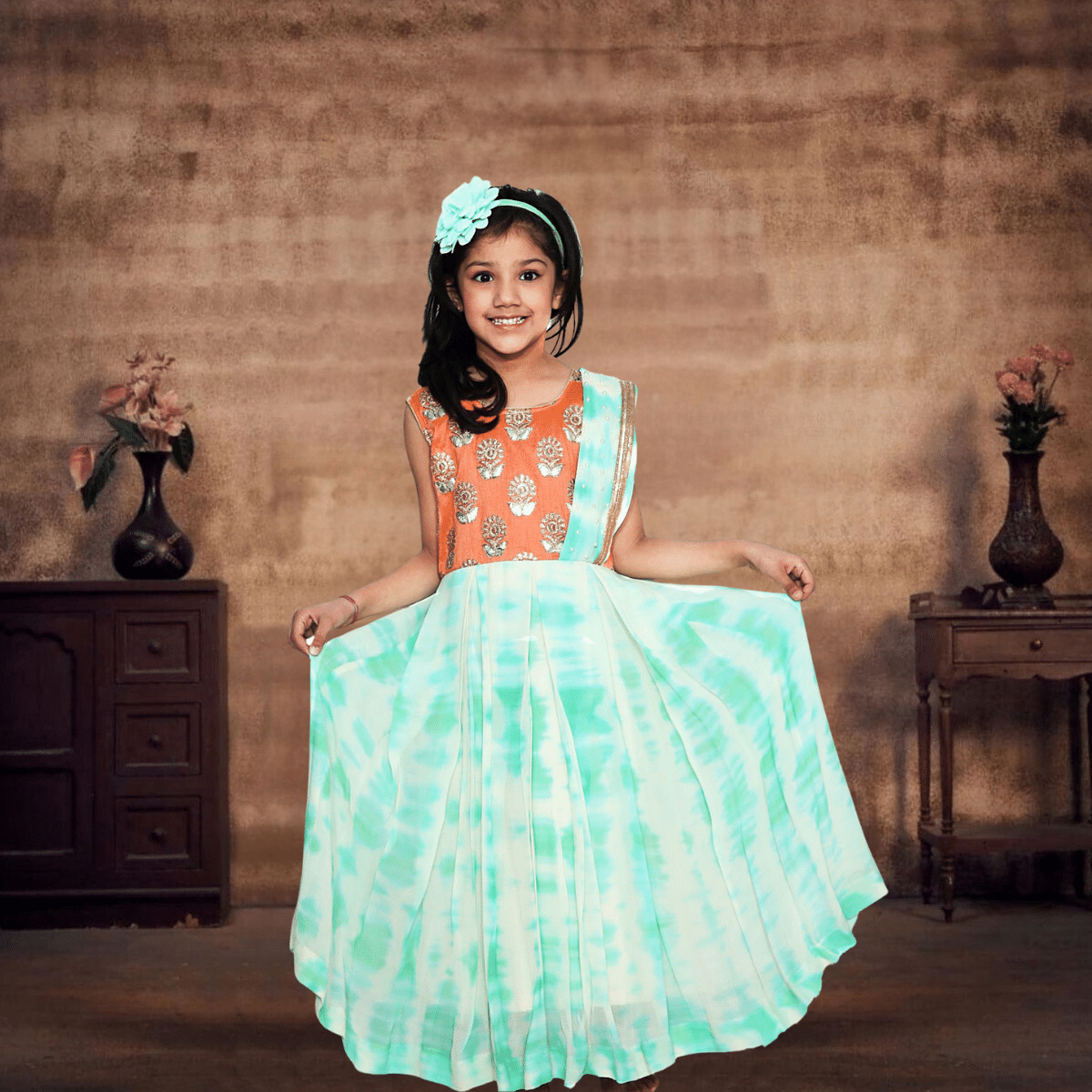 Half saree style gown for baby girl, stylish indo western outfit for wedding
