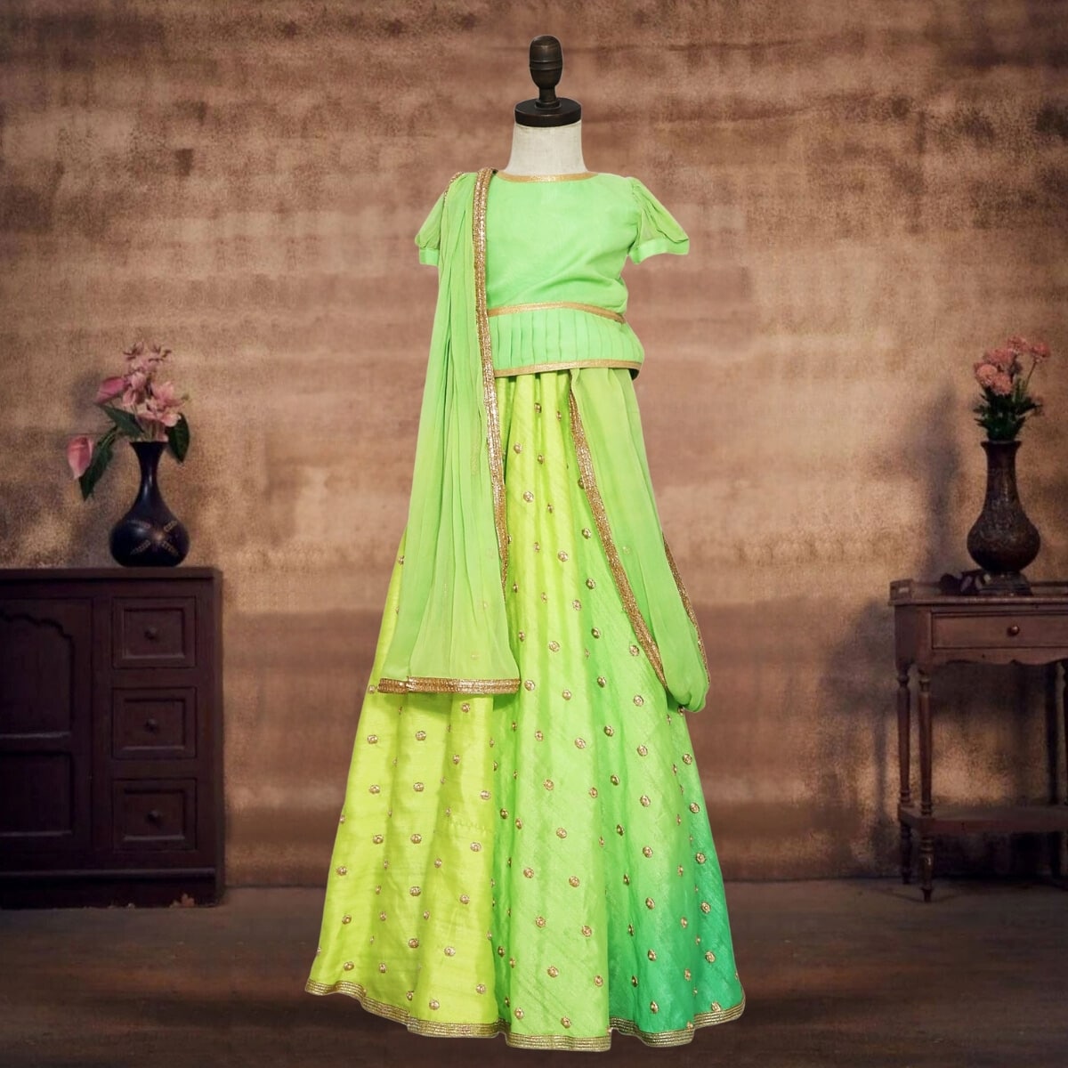 Girlish designer green lehenga choli for baby girls, stylish festive outfit