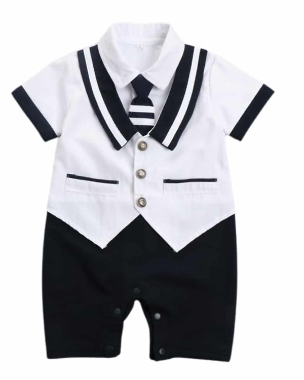 Baby boy wedding white romper with tie, stylish and cute for special occasions