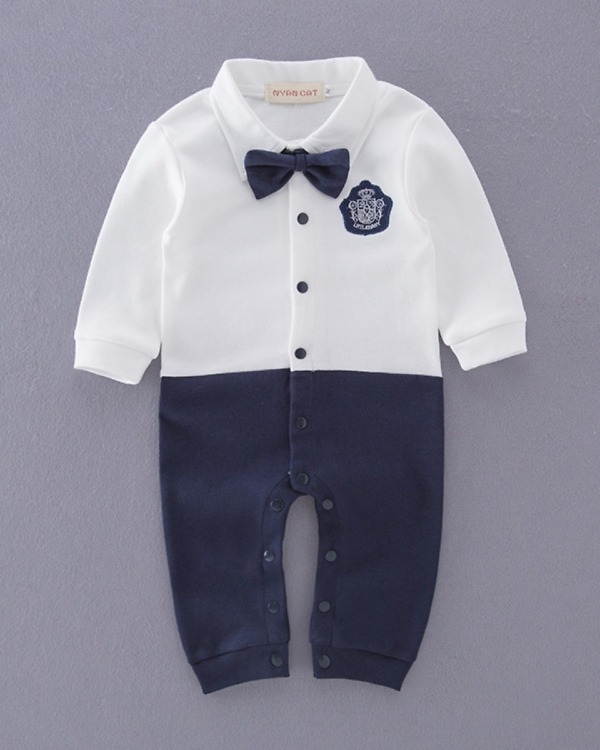 Blue and white bow tie romper with pocket patch for baby boys, stylish for weddings or gifting