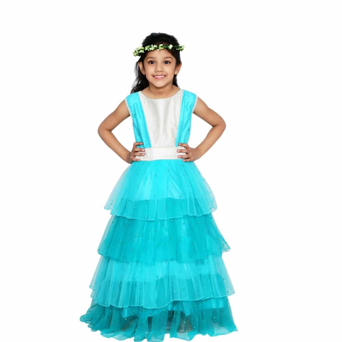 Long tiered frill gown for toddlers, cute party and wedding outfit