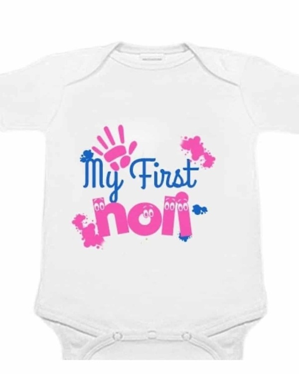 Personalized first Holi romper for newborns, playful festival outfit