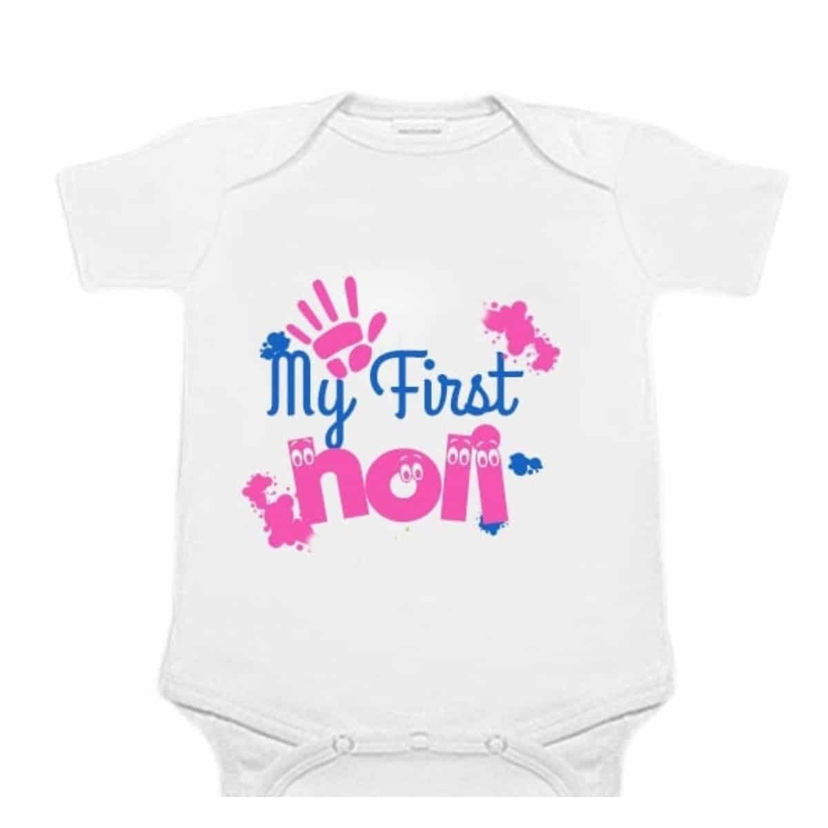 Personalized first Holi romper for newborns, playful festival outfit