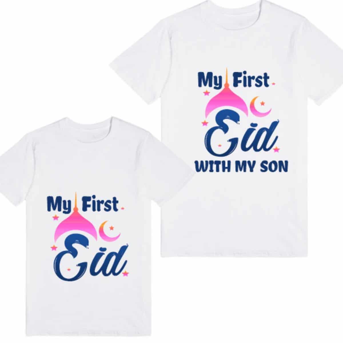 Family Eid tshirt set father son white Ramadan print comfortable festive occasion wear