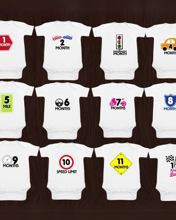 Baby boy monthly milestone romper cars print white comfortable growth tracking outfit