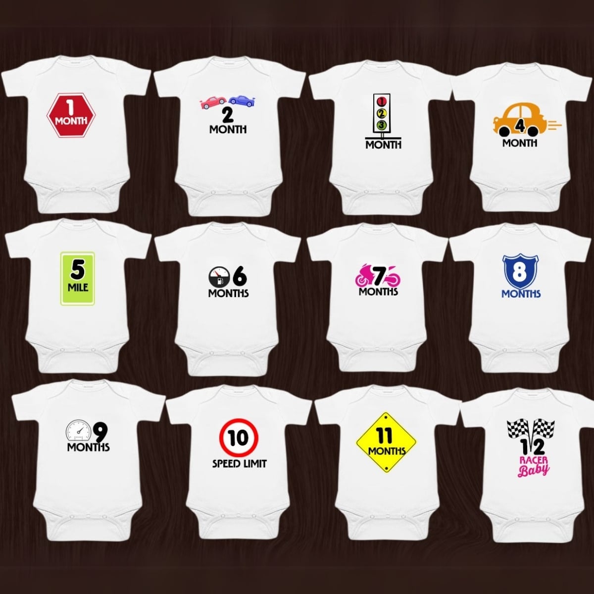 Baby boy monthly milestone romper cars print white comfortable growth tracking outfit