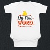 Customized newborn baby onesie white first word print cute comfortable milestone outfit
