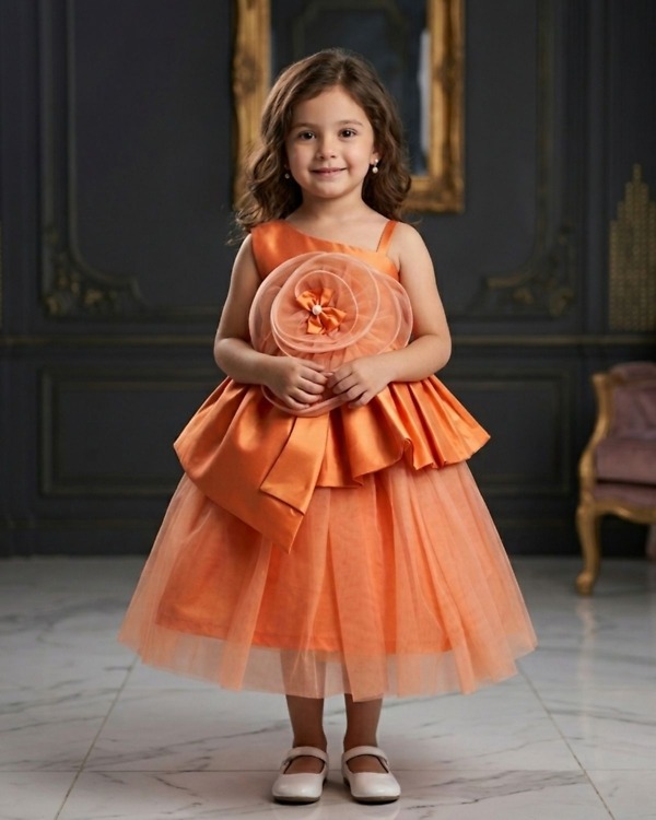 Orange baby girl dress frock, toddler birthday party outfit, cute kids festive wear