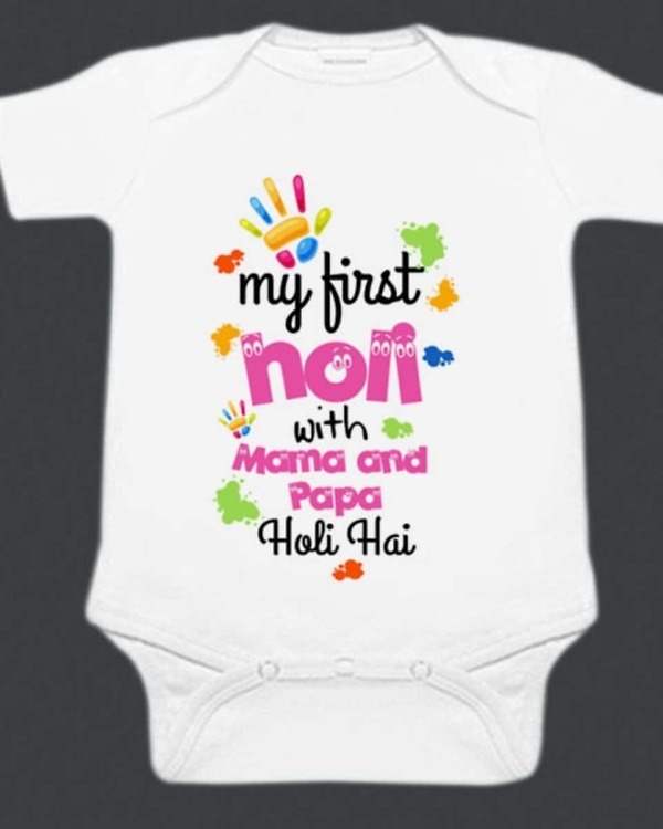 Daddy and Mommy’s first Holi romper for baby boys and girls, cute festival wear