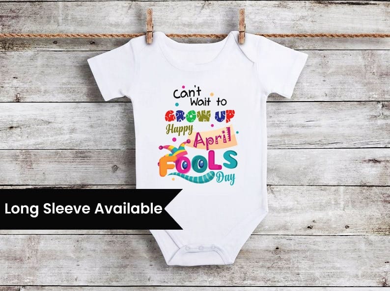 Custom baby romper with April Fools quotes, cute festive wear