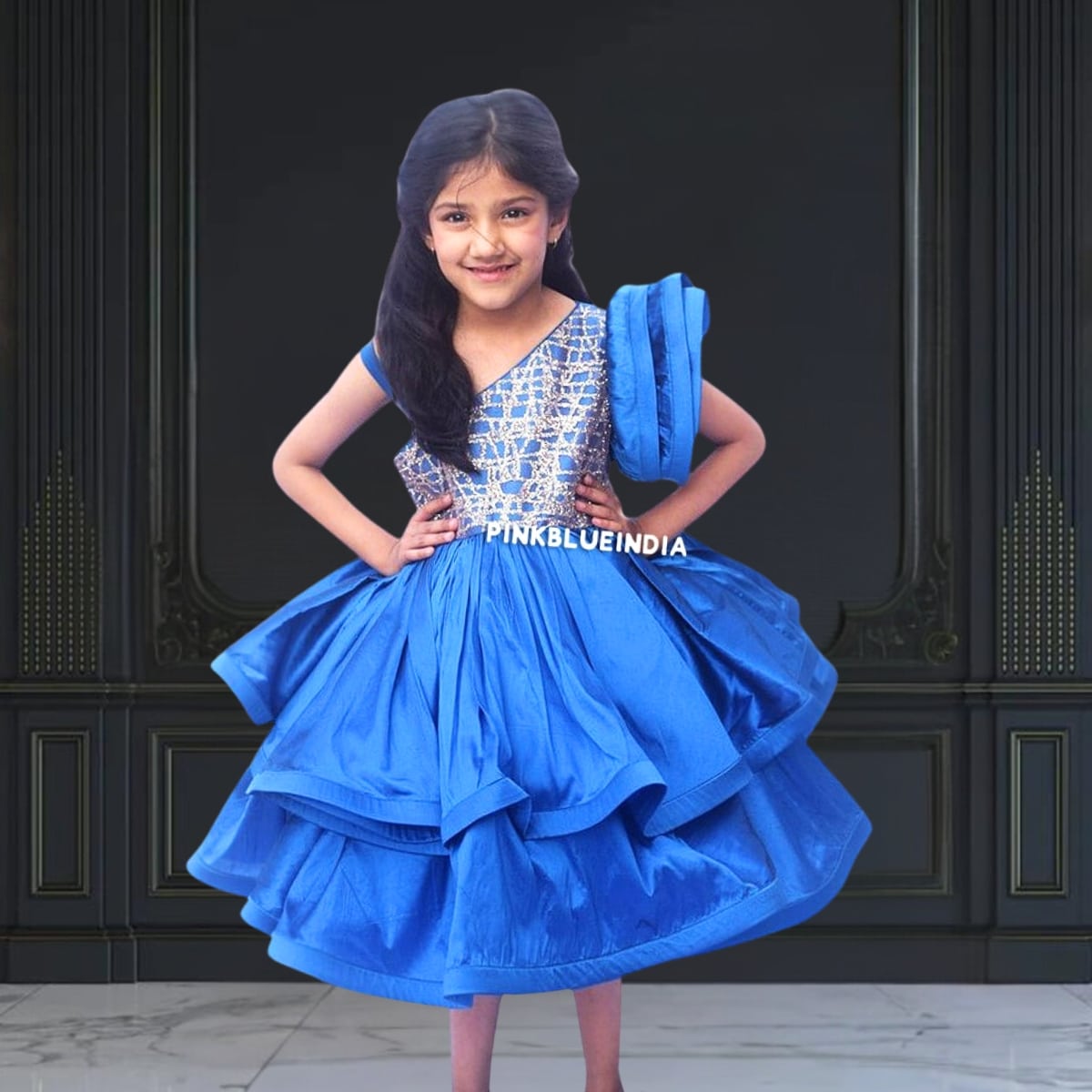 Stylish blue party frock for kid girls, cute birthday outfit