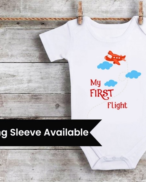Blue baby romper, “My First Flight” theme, cute milestone outfit