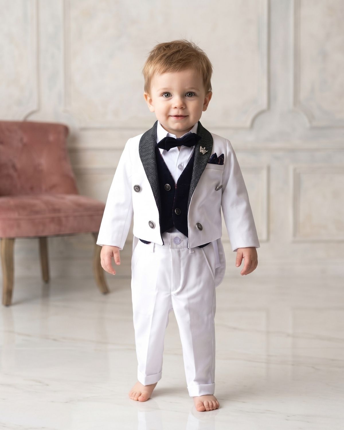Baby boy black white tailcoat 5 piece suit for wedding stylish royal kids ceremony outfit