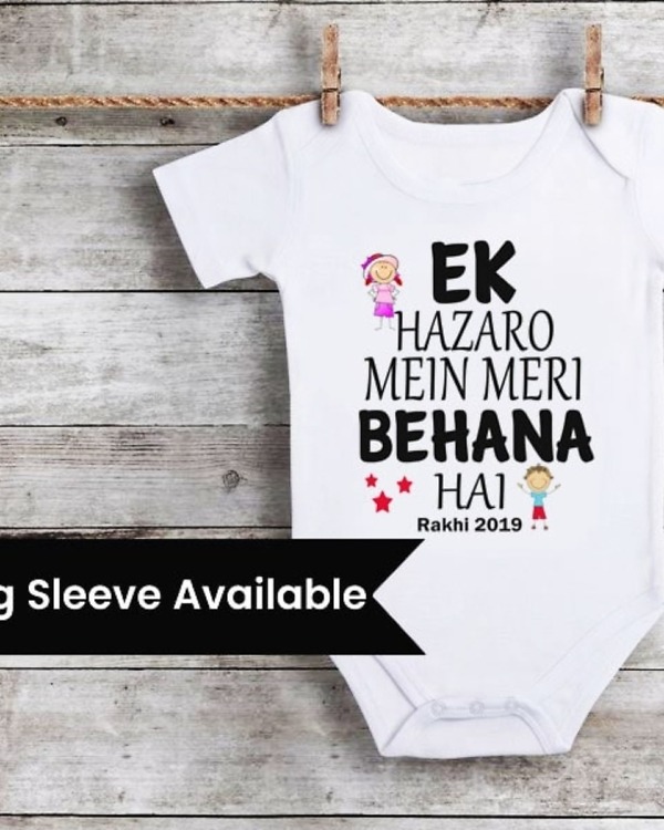 Baby onesie with “Ek Hazaaron Mein Meri Behna Hai” print, cute and gifting-friendly