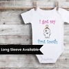 Baby onesie, white, first tooth milestone, cute & gift-ready