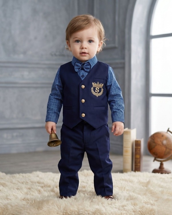 Baby boy navy blue waistcoat trouser shirt 3 piece set for wedding cute formal kids party wear