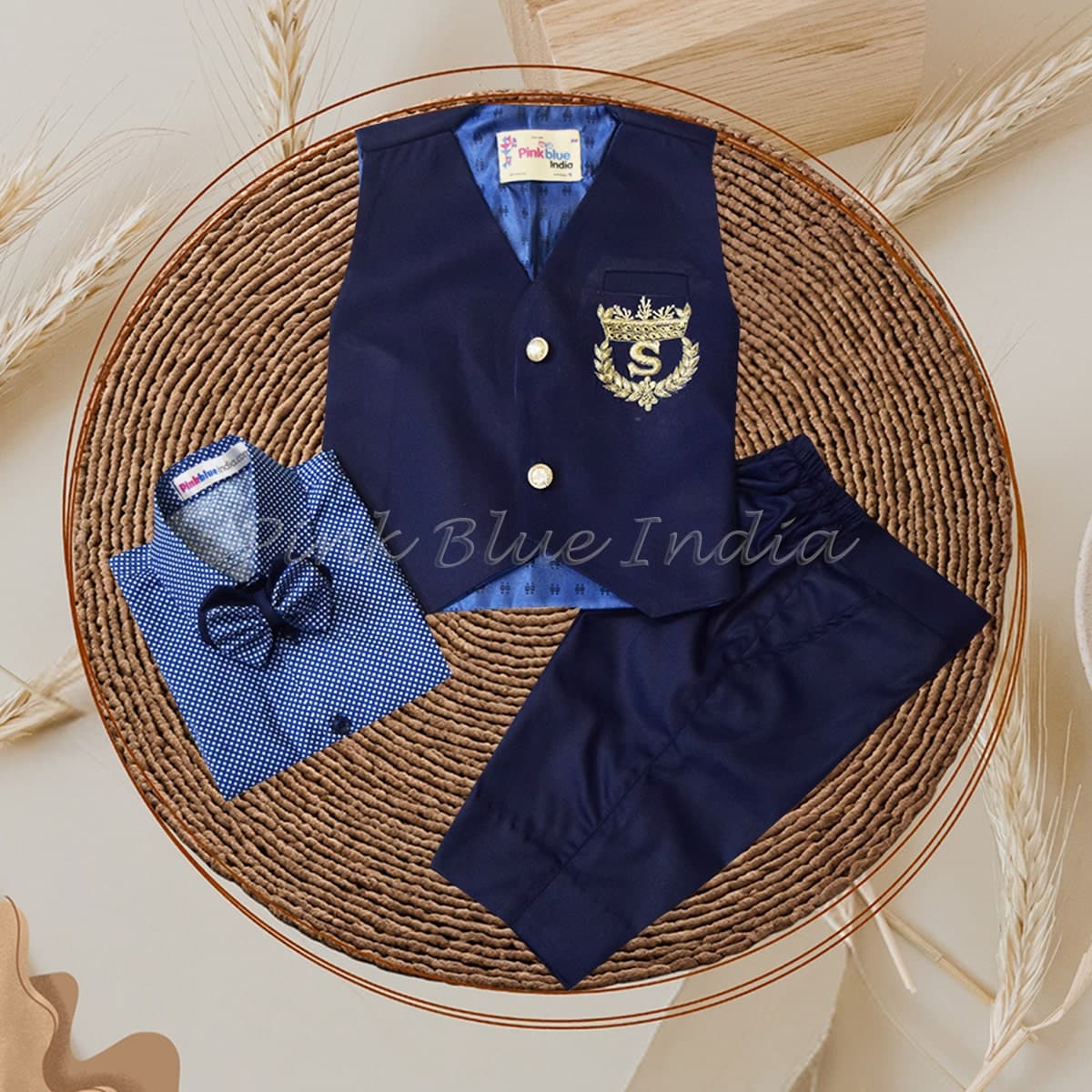 Infant boy waistcoat suit set with shirt and pants, elegant festive wedding outfit