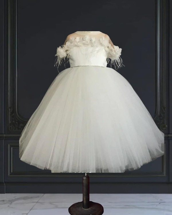 White party wear gown, girls birthday outfit, stylish and elegant