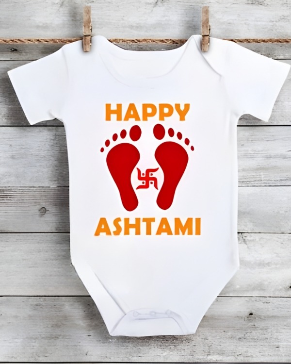 Baby First Ashtami Onesie Navratri Baby Outfit Cotton White Pink Blue India front view